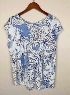 H by Halston Sleeveless Shirt Blue Floral Linen Knit Top Women's XL